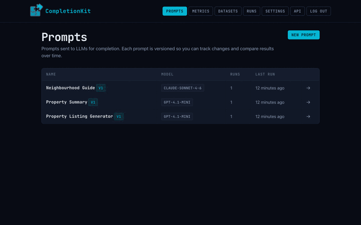 Animated walkthrough: prompts index, prompt detail, run with scored results, individual response with LLM judge feedback