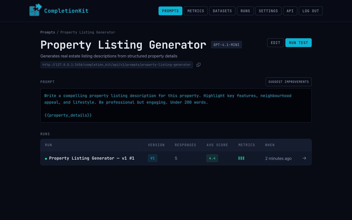CompletionKit prompt detail view